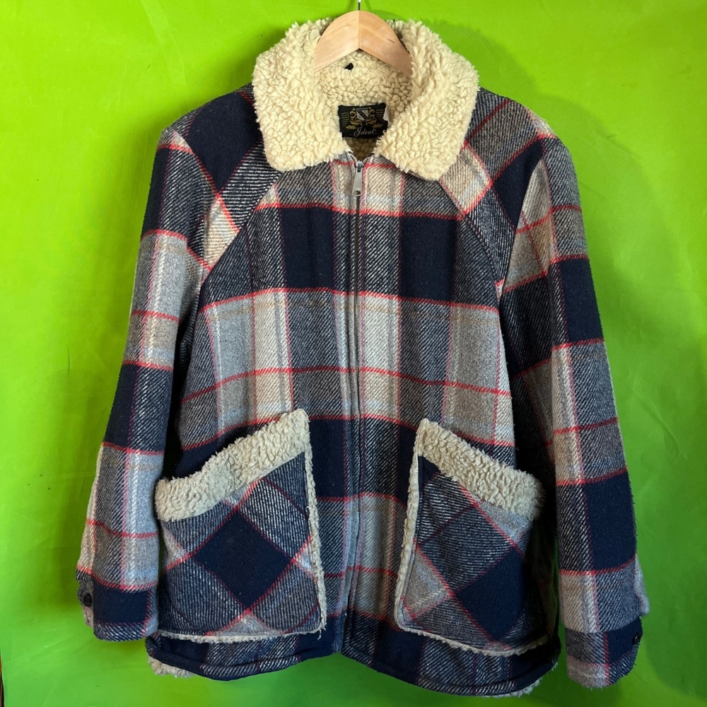 Size XL 46 Ideal‎ Vintage 60s Plaid Sherpa Lined Jacket Men Barn Coat Wool Blend